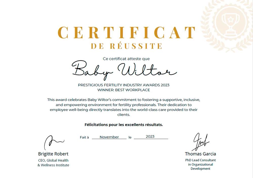 Certificate of Achievement — Best Workplace — Baby Wiltor