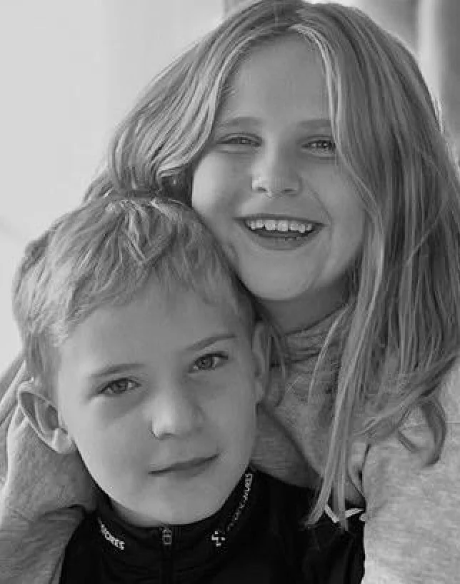 Black-and-white portrait of Jenny Zimmermann's twins